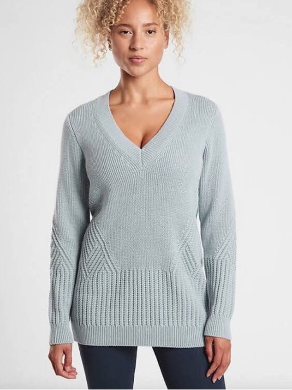 Athleta Pale Blue V-Neck Knit Sweater